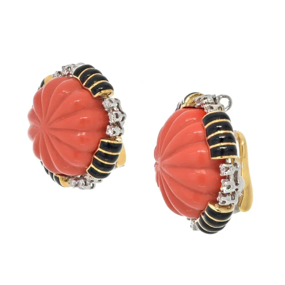 David Webb Platinum & 18K Yellow Gold Carved Coral Bombe Diamond Earrings — view 2 — Laura Milman New York