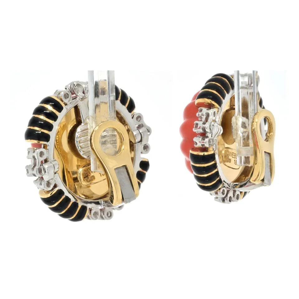 David Webb Platinum & 18K Yellow Gold Carved Coral Bombe Diamond Earrings — view 3 — Laura Milman New York