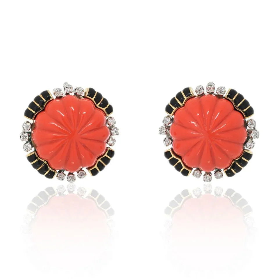 David Webb Platinum & 18K Yellow Gold Carved Coral Bombe Diamond Earrings — Laura Milman New York