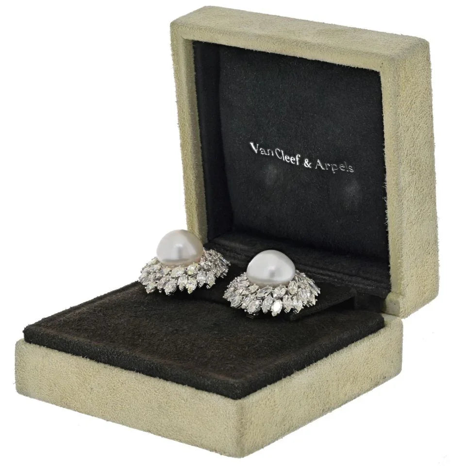 Van Cleef & Arpels 18K White Gold Pearl Diamond Bombe Earrings — view 5 — Laura Milman New York