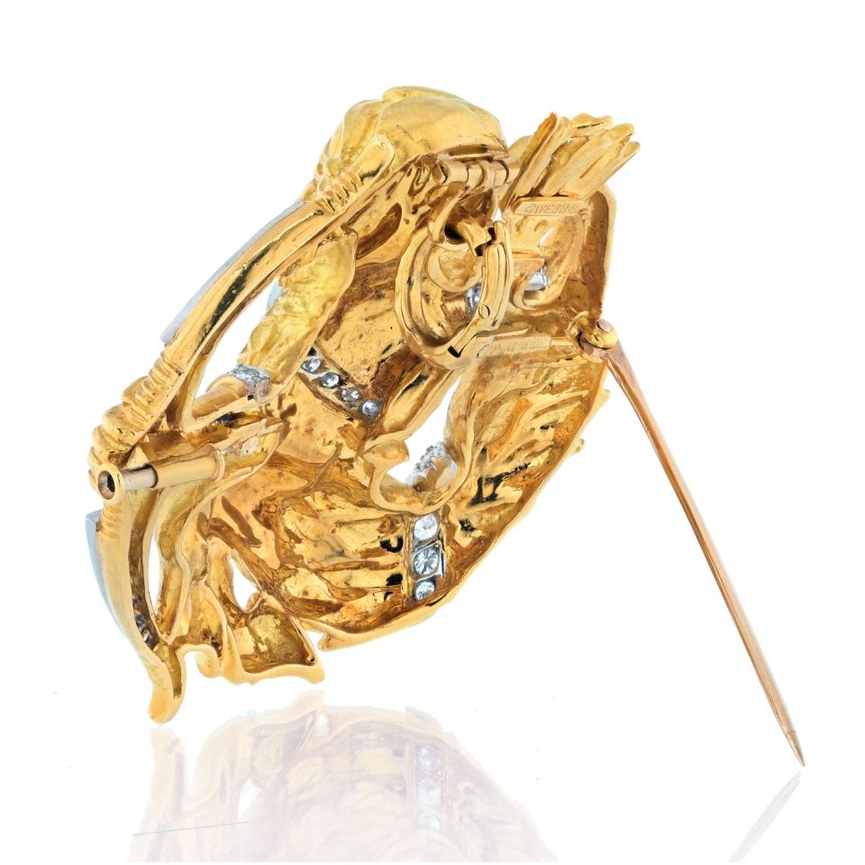David Webb Platinum & 18K Yellow Gold Sagittarius Diamond Zodiac Pendant Pin Brooch — view 3 — Laura Milman New York