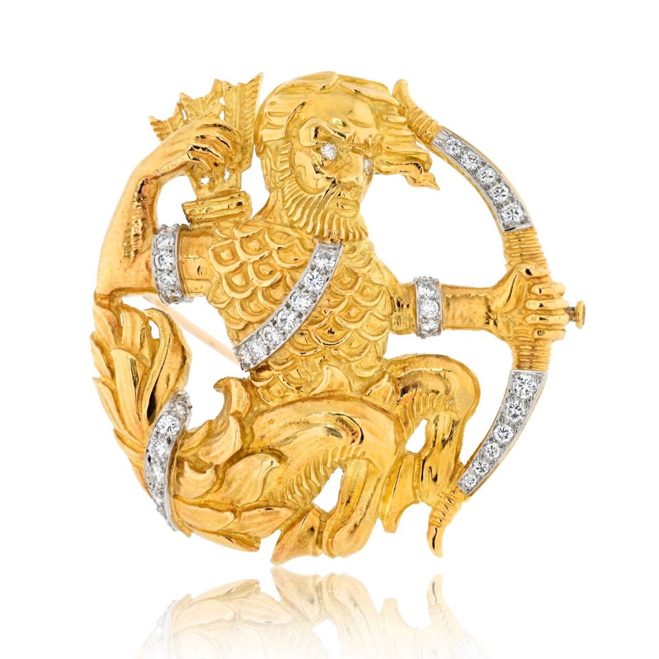 David Webb Platinum & 18K Yellow Gold Sagittarius Diamond Zodiac Pendant Pin Brooch — Laura Milman New York