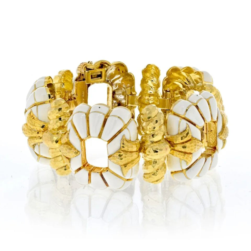 David Webb Platinum & 18K Yellow Gold White Enamel Floral Motif Open Link Bracelet — view 2 — Laura Milman New York