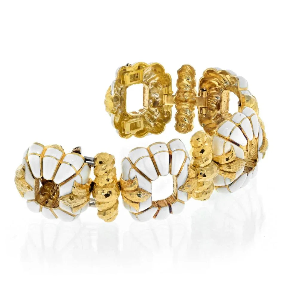 David Webb Platinum & 18K Yellow Gold White Enamel Floral Motif Open Link Bracelet — view 3 — Laura Milman New York