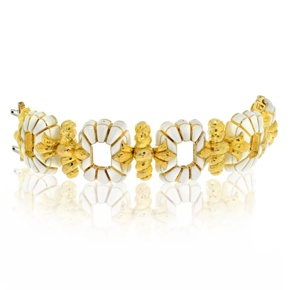 David Webb Platinum & 18K Yellow Gold White Enamel Floral Motif Open Link Bracelet — Laura Milman New York