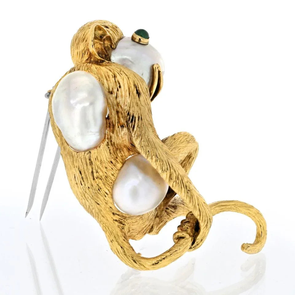 David Webb Platinum & 18K Yellow Gold Monkey On A Pearl And Emerald Eyes Brooch — view 2 — Laura Milman New York