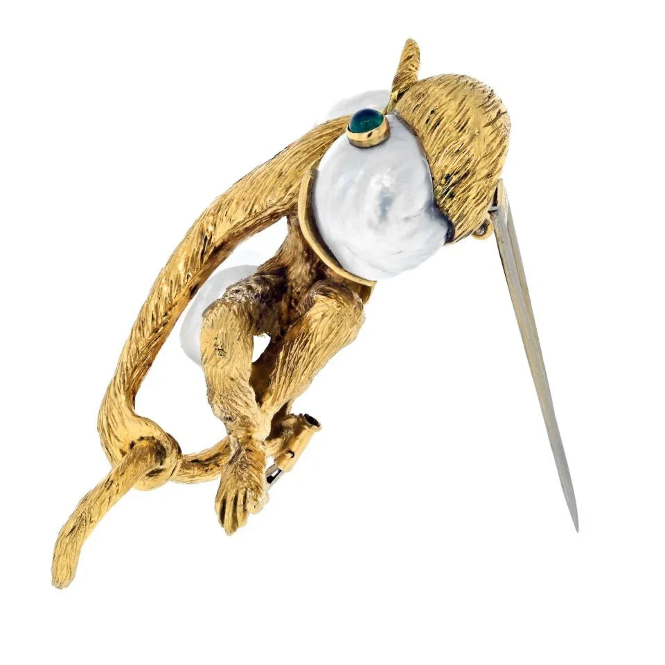 David Webb Platinum & 18K Yellow Gold Monkey On A Pearl And Emerald Eyes Brooch — view 3 — Laura Milman New York
