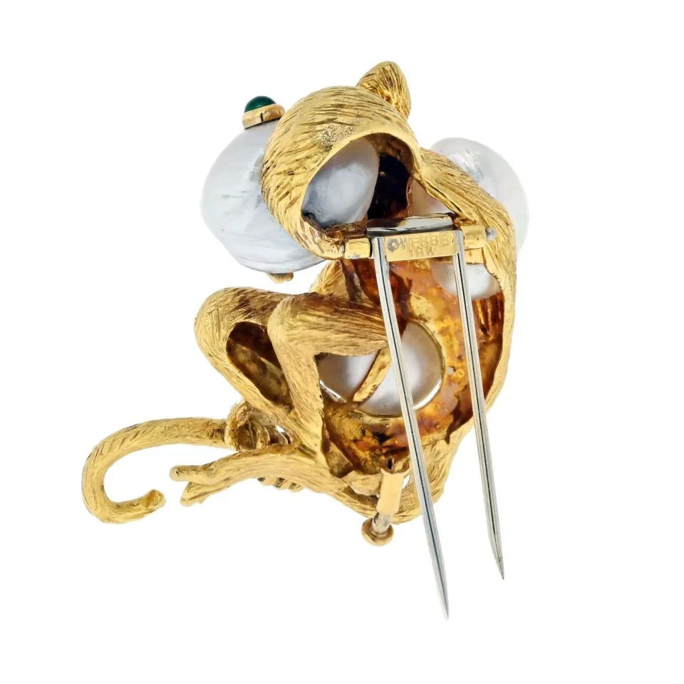 David Webb Platinum & 18K Yellow Gold Monkey On A Pearl And Emerald Eyes Brooch — view 4 — Laura Milman New York