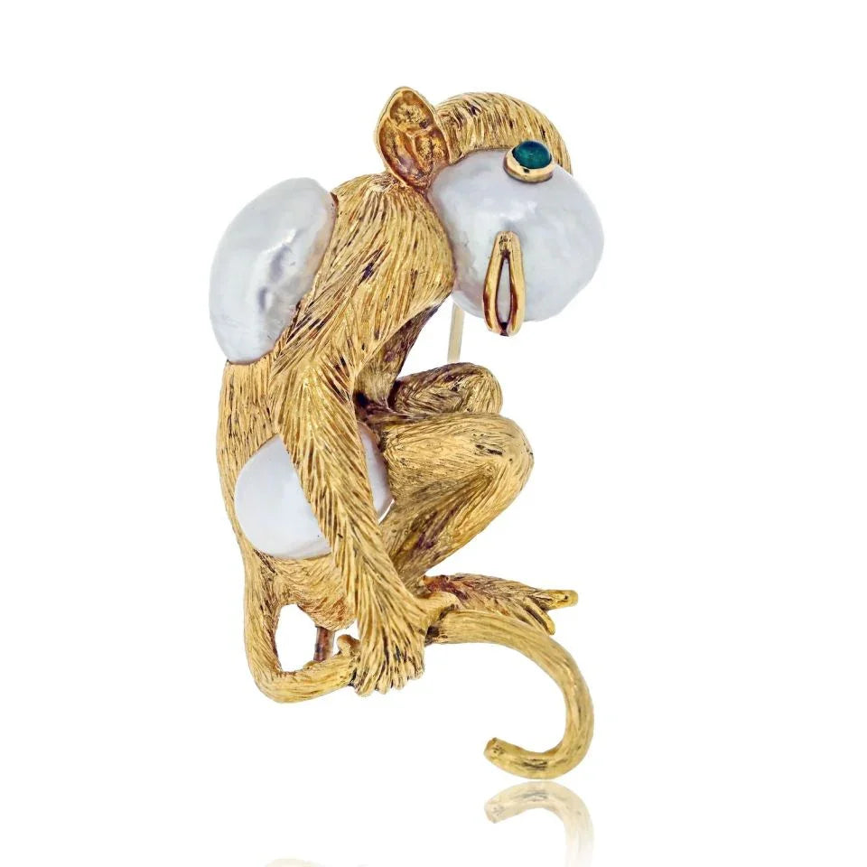 David Webb Platinum & 18K Yellow Gold Monkey On A Pearl And Emerald Eyes Brooch — Laura Milman New York