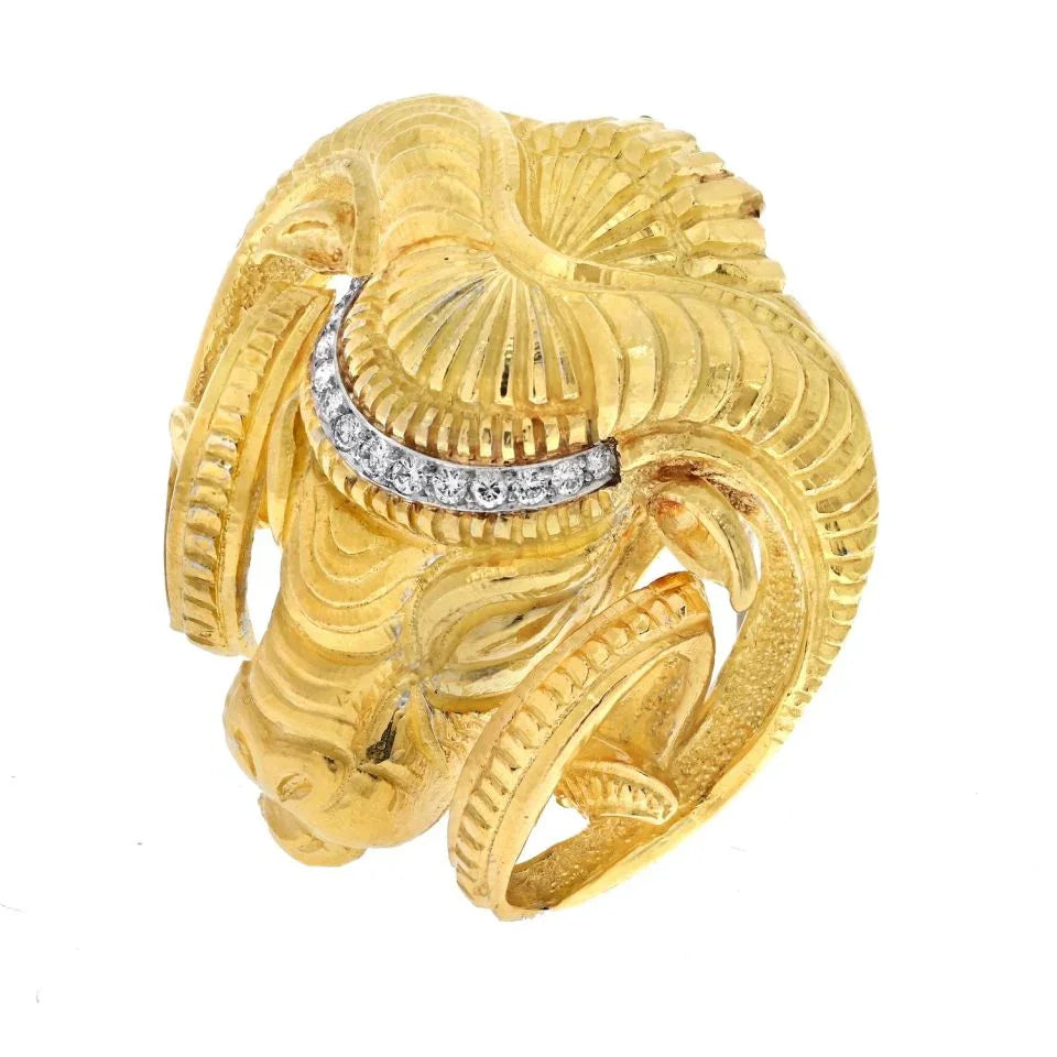 David Webb Platinum & 18K Yellow Gold Ram Diamond Head Brooch — view 2 — Laura Milman New York