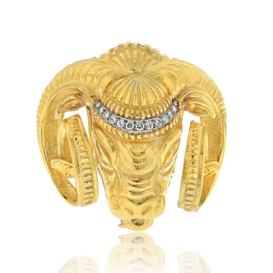 David Webb Platinum & 18K Yellow Gold Ram Diamond Head Brooch — Laura Milman New York