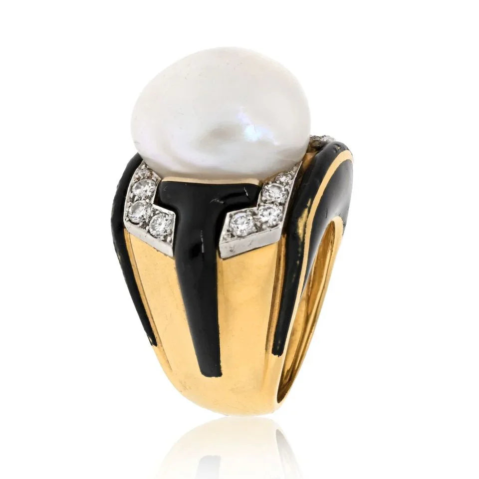 David Webb Platinum & 18K Yellow Gold Pearl, Diamond, Black Enamel Ring — view 2 — Laura Milman New York