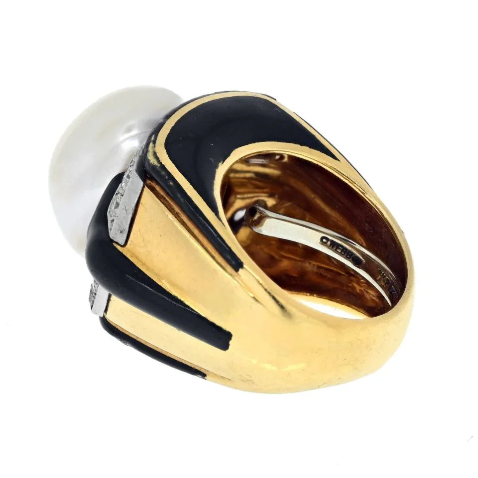 David Webb Platinum & 18K Yellow Gold Pearl, Diamond, Black Enamel Ring — view 3 — Laura Milman New York