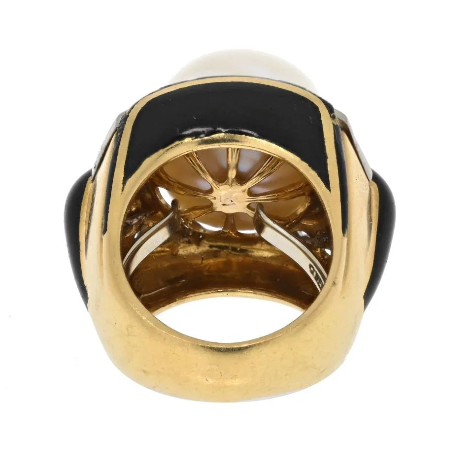 David Webb Platinum & 18K Yellow Gold Pearl, Diamond, Black Enamel Ring — view 4 — Laura Milman New York