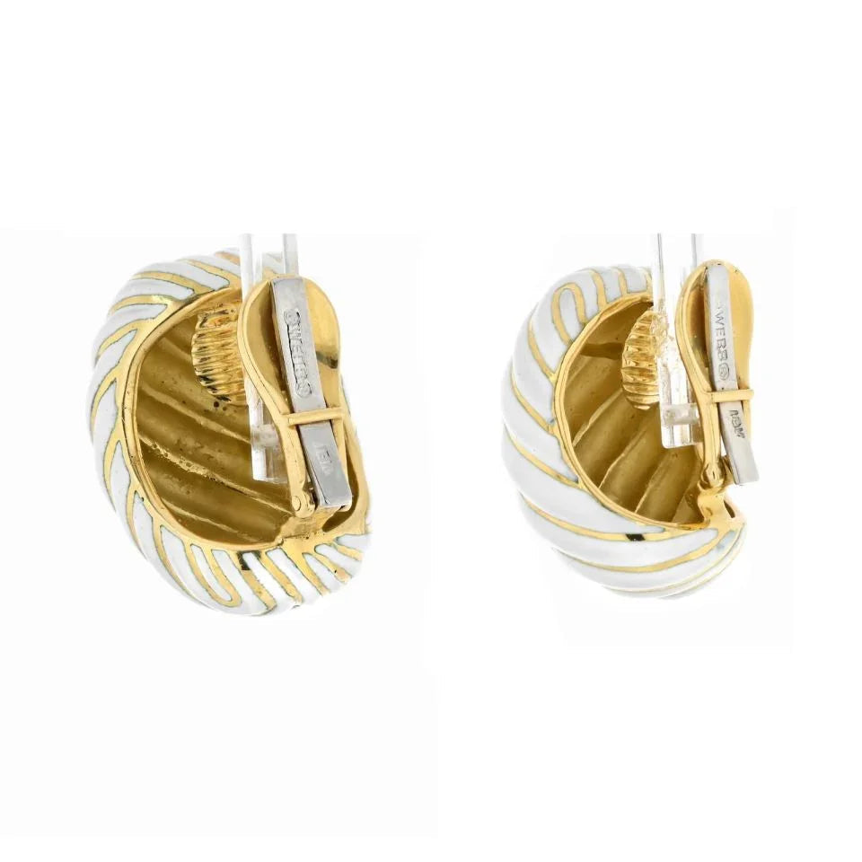 David Webb Platinum & 18K Yellow Gold White Enamel Wave Clip Earrings — view 3 — Laura Milman New York