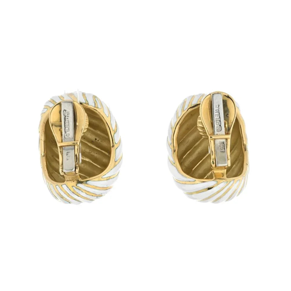 David Webb Platinum & 18K Yellow Gold White Enamel Wave Clip Earrings — view 4 — Laura Milman New York