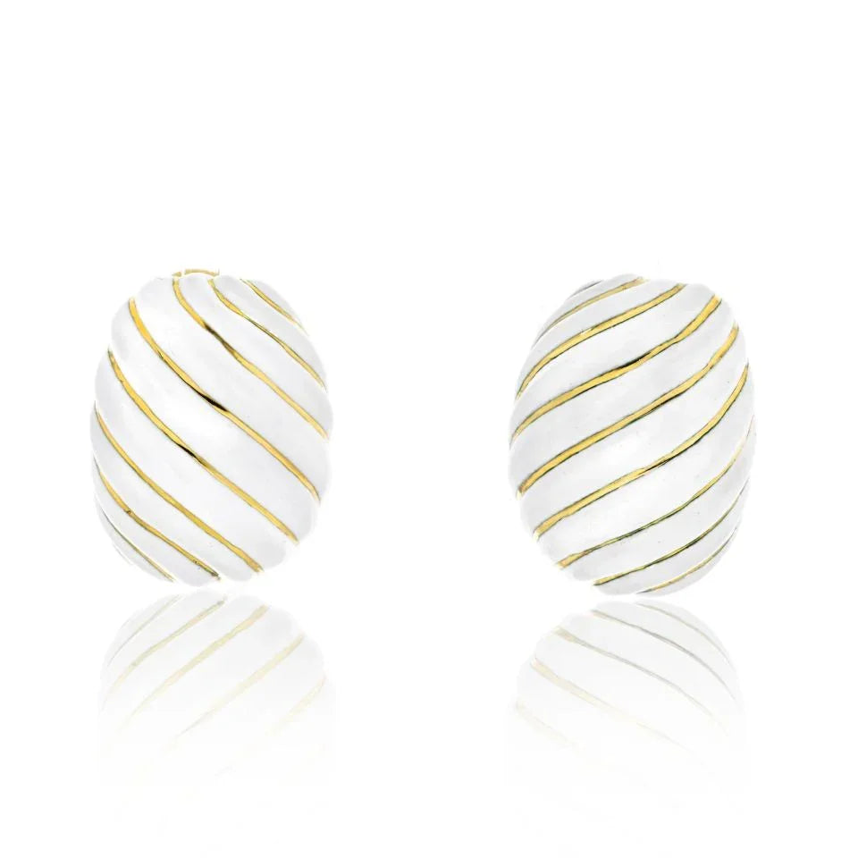 David Webb Platinum & 18K Yellow Gold White Enamel Wave Clip Earrings — Laura Milman New York