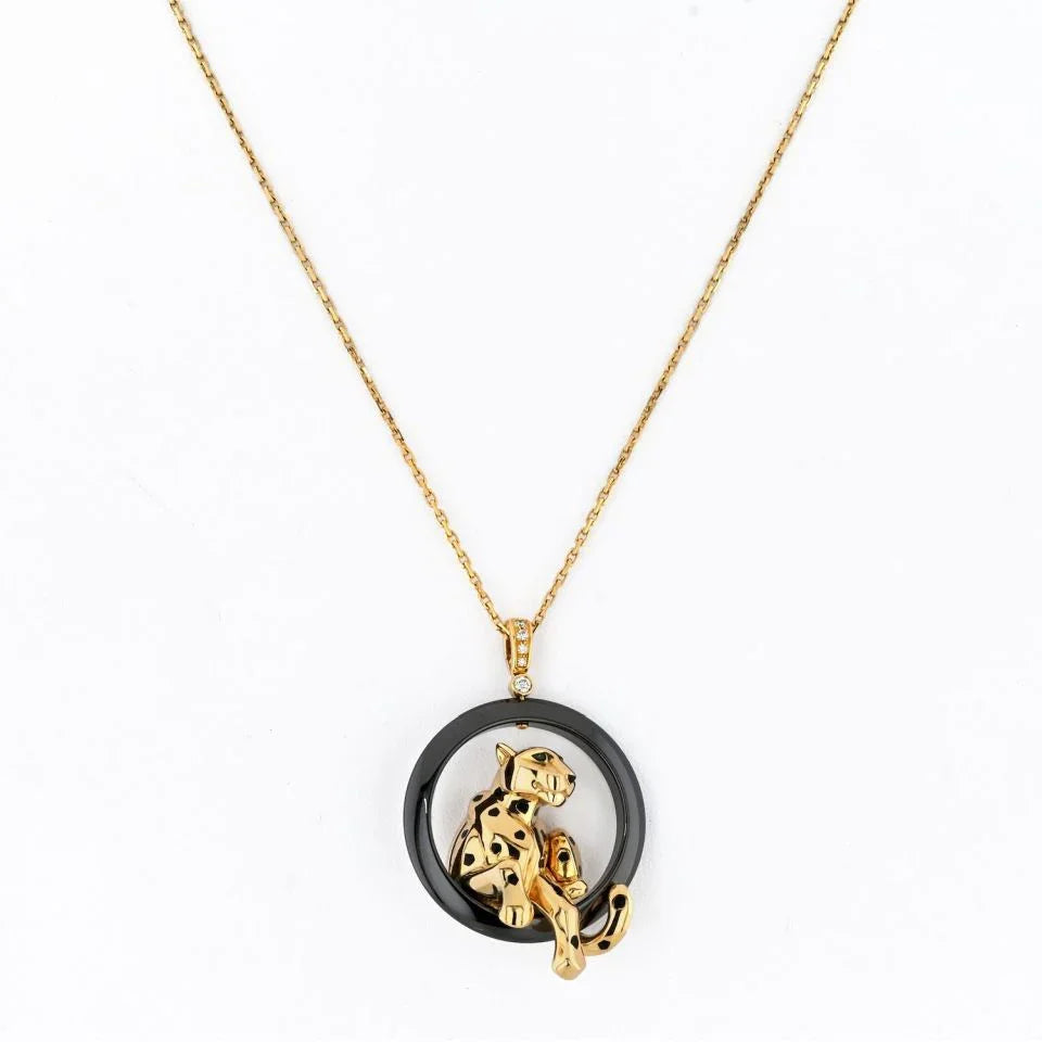 Cartier 18K Yellow Gold Panthere On A Black Onyx Necklace — view 3 — Laura Milman New York