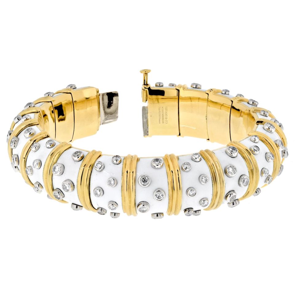 Tiffany & Co. Schlumberger White Enamel Diamond Bangle Bracelet — view 3 — Laura Milman New York