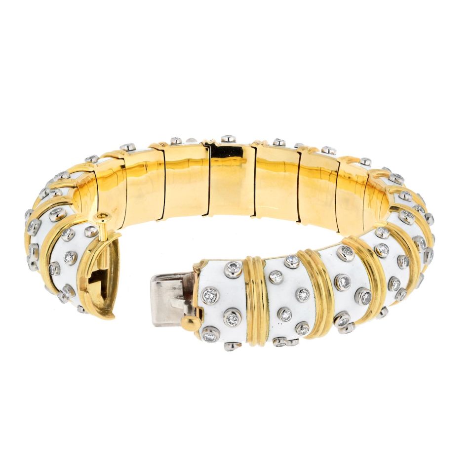 Tiffany & Co. Schlumberger White Enamel Diamond Bangle Bracelet — view 4 — Laura Milman New York