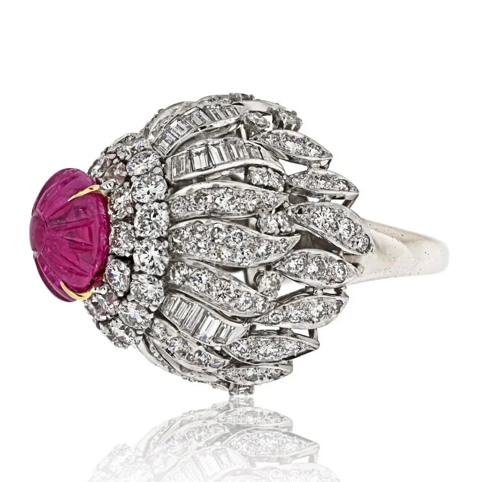 David Webb Platinum & 18K White Gold Carved Ruby And Diamond Bombe Cocktail Ring — view 2 — Laura Milman New York