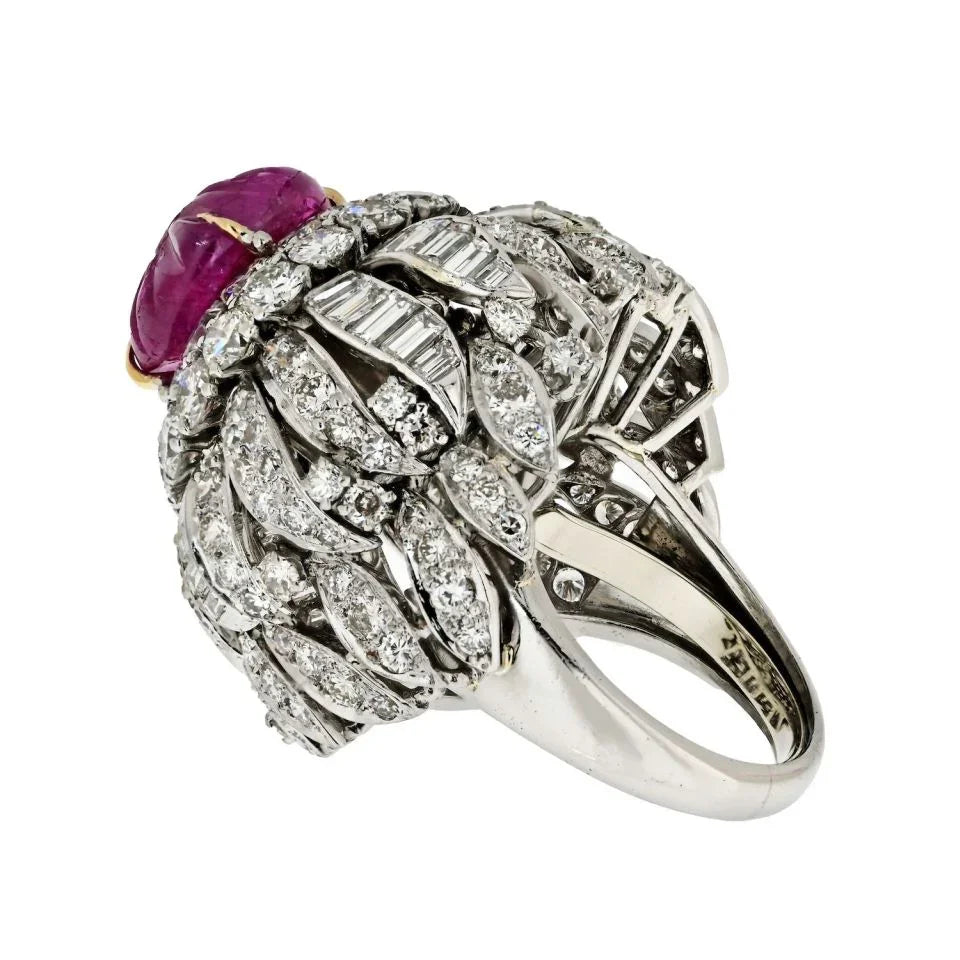 David Webb Platinum & 18K White Gold Carved Ruby And Diamond Bombe Cocktail Ring — view 3 — Laura Milman New York