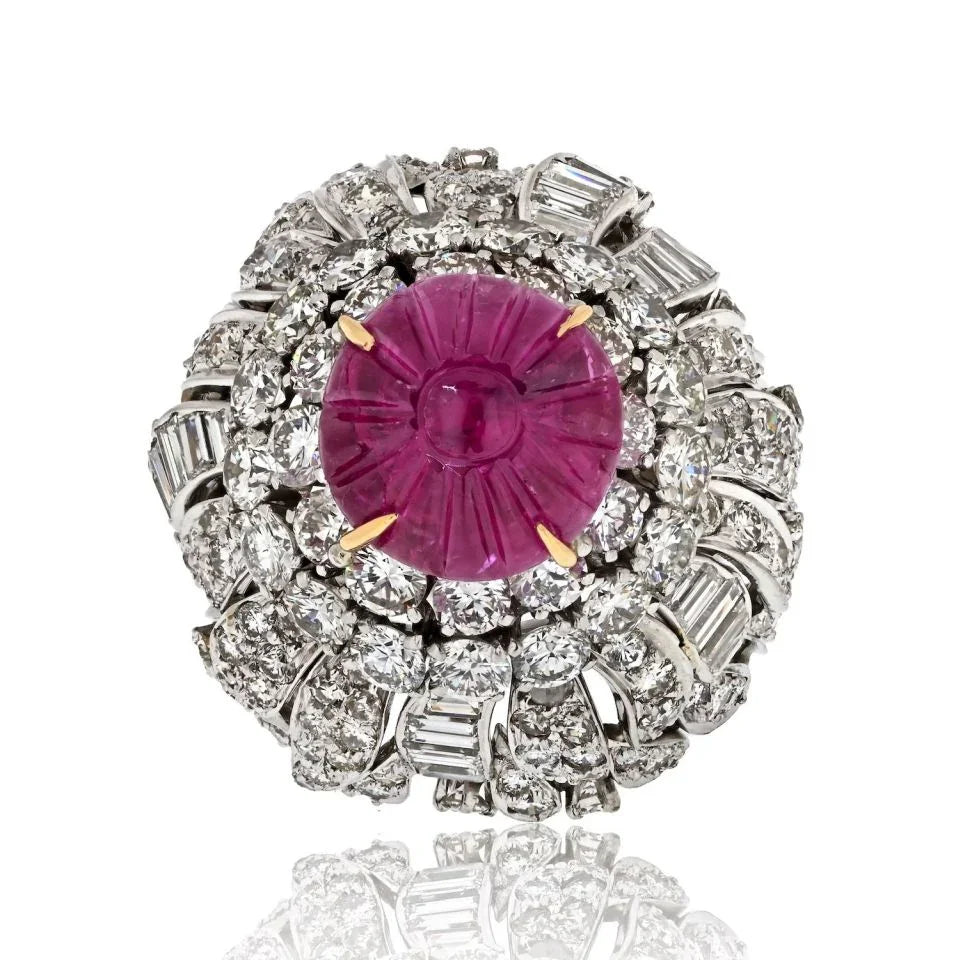 David Webb Platinum & 18K White Gold Carved Ruby And Diamond Bombe Cocktail Ring — Laura Milman New York