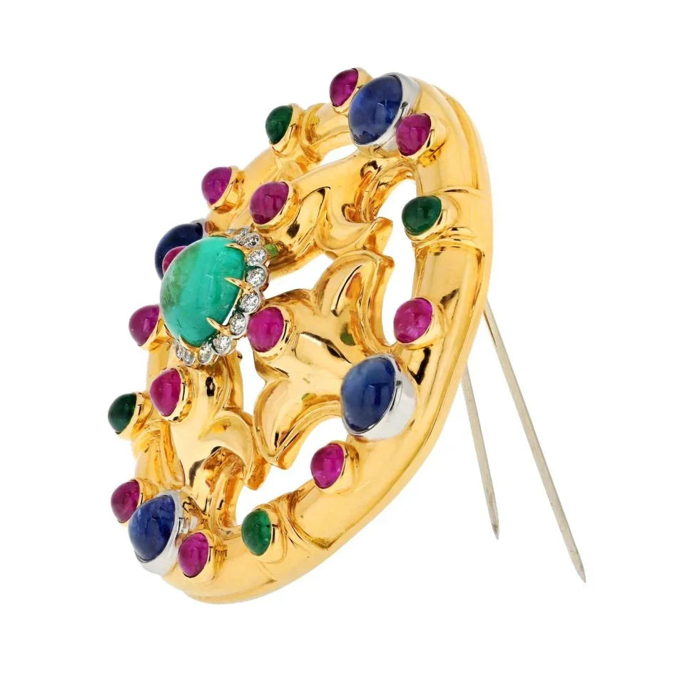 David Webb 18K Yellow Gold Cabochon Emerald, Sapphire, Ruby And Diamond Brooch — view 2 — Laura Milman New York