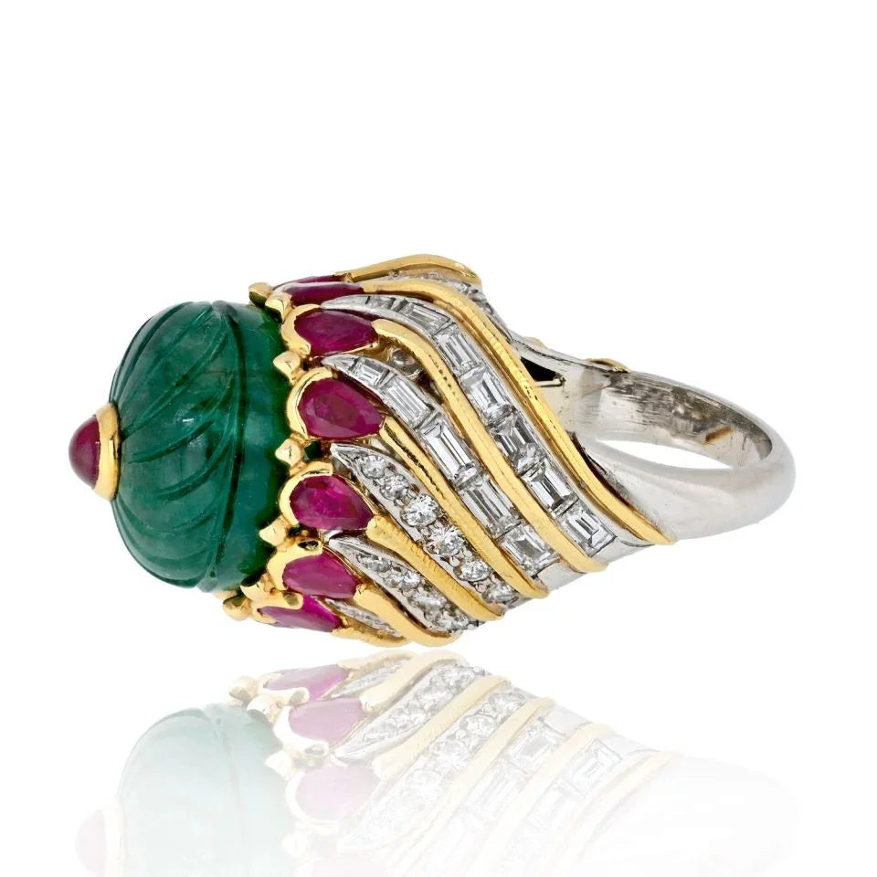 David Webb Platinum & 18K Yellow Gold Mughal Carved Emerald And Ruby Ring — view 2 — Laura Milman New York