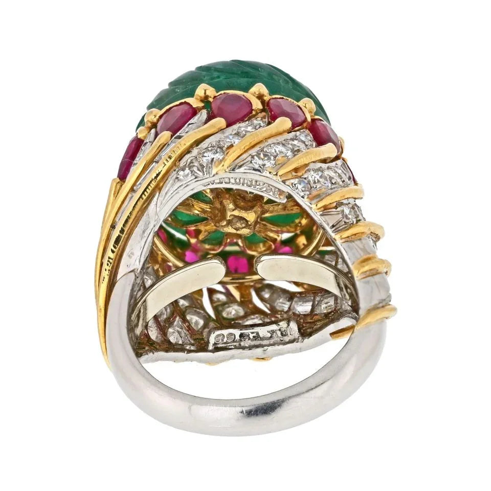 David Webb Platinum & 18K Yellow Gold Mughal Carved Emerald And Ruby Ring — view 4 — Laura Milman New York
