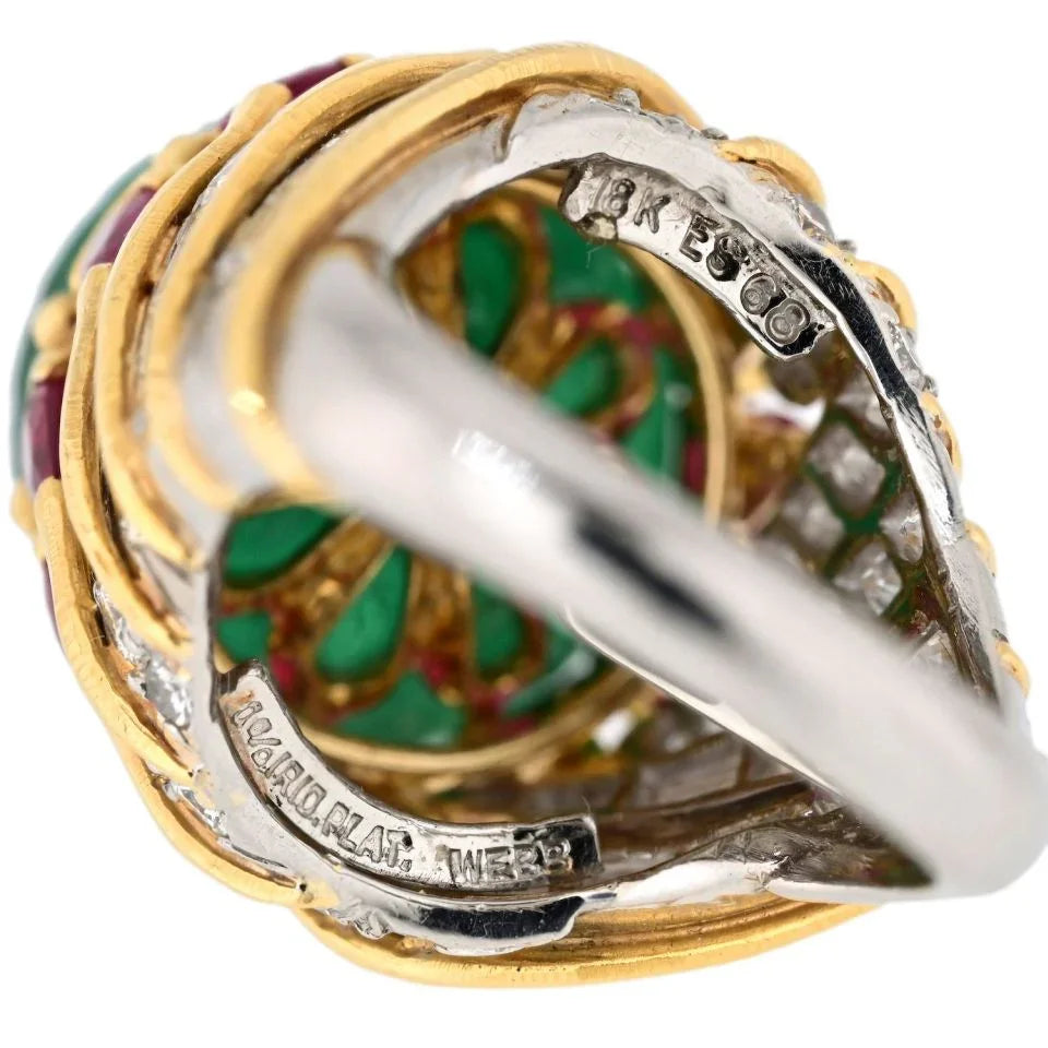 David Webb Platinum & 18K Yellow Gold Mughal Carved Emerald And Ruby Ring — view 5 — Laura Milman New York