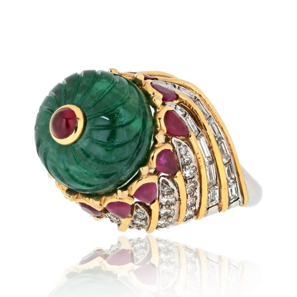 David Webb Platinum & 18K Yellow Gold Mughal Carved Emerald And Ruby Ring — Laura Milman New York