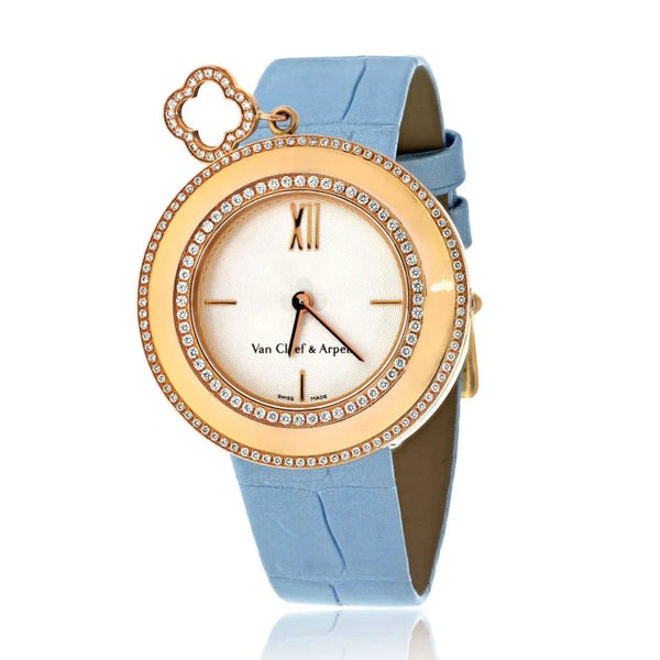 Pre-Owned Van Cleef & Arpels 18K Yellow Gold 32mm Charm Diamond Bezel Alligator Blue Strap Women Watch - Van Cleef & Arpels Watch