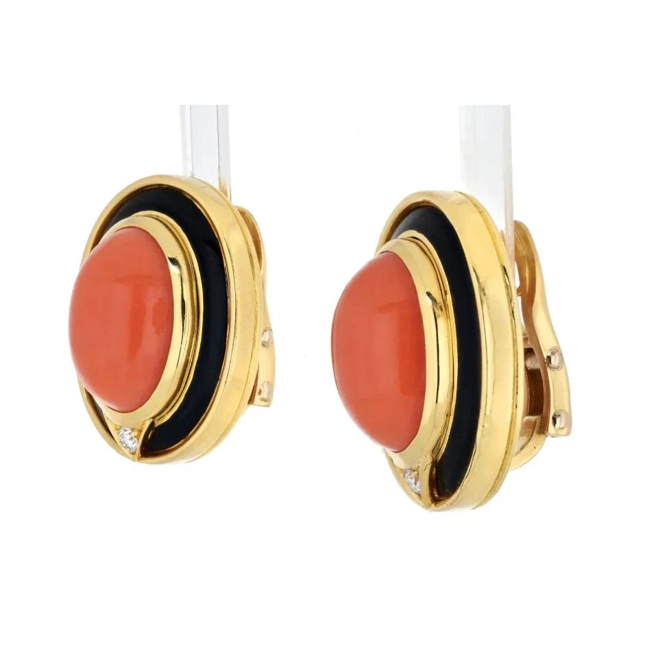 Bvlgari 18K Yellow Gold Coral, Black Enamel, Onyx Earrings — view 2 — Laura Milman New York