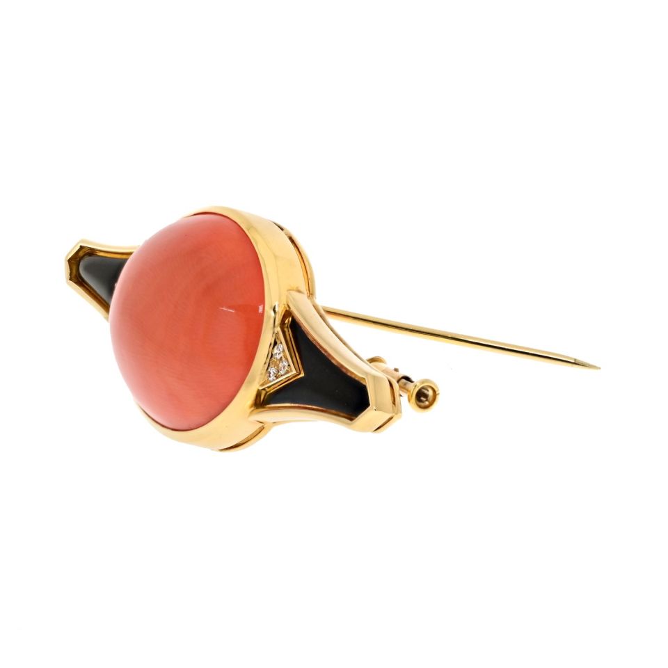 Bvlgari 18K Yellow Gold Coral Black Enamel Diamond Brooch