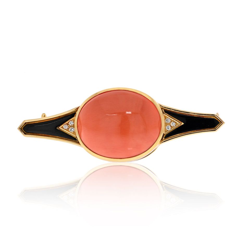 Bvlgari 18K Yellow Gold Coral Black Enamel Diamond Brooch