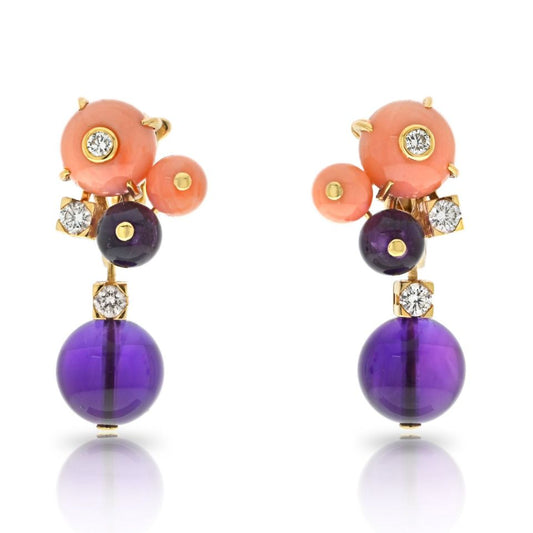 Cartier Delices de Goa Earclips in 18K Yellow Gold with Pink Coral and Amethyst