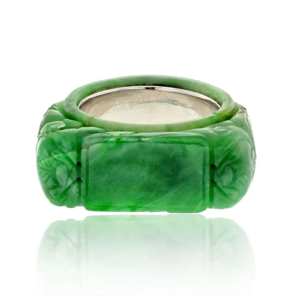 David Webb 14K White Gold Carved Jade Ring