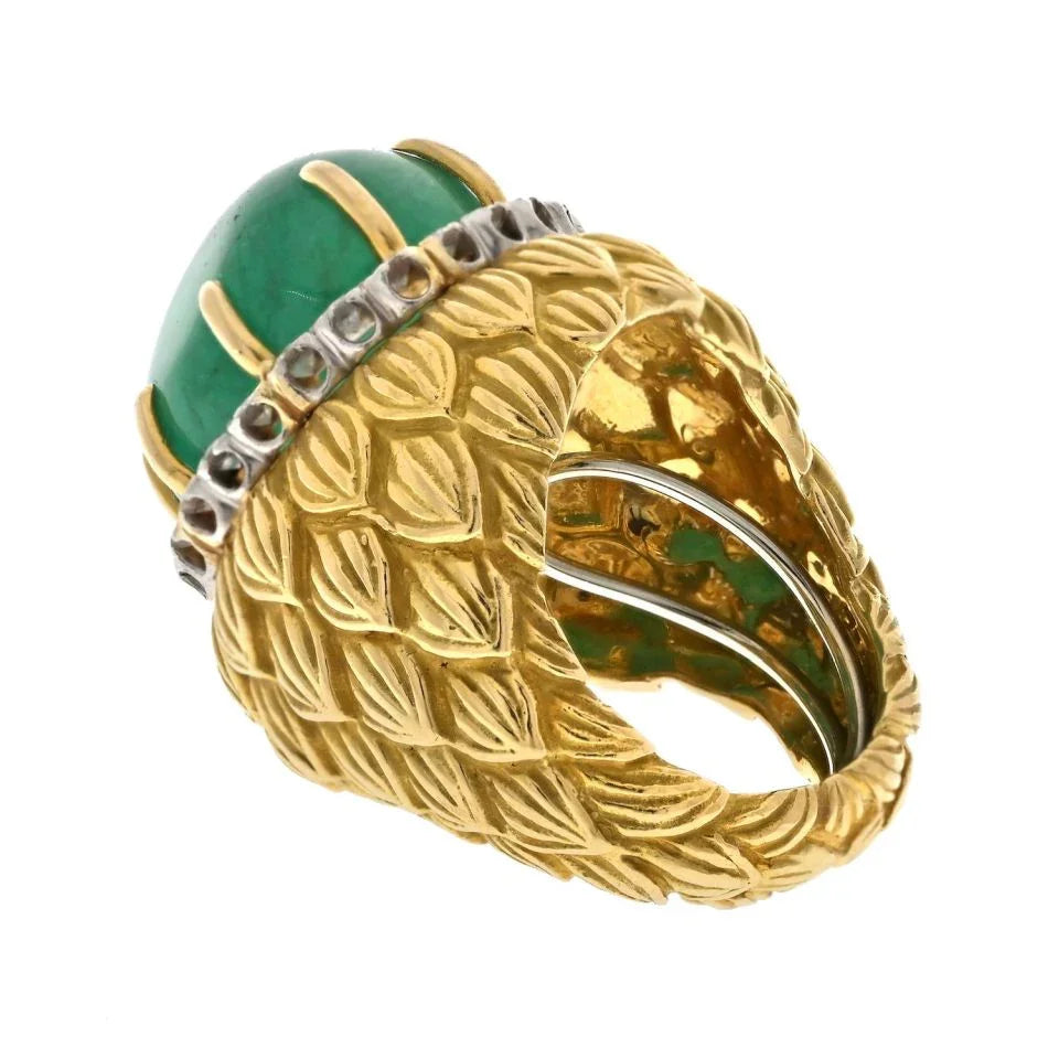 David Webb Platinum & 18K Yellow Gold Cabochon Green Emerald And Diamond Textured Ring — view 3 — Laura Milman New York