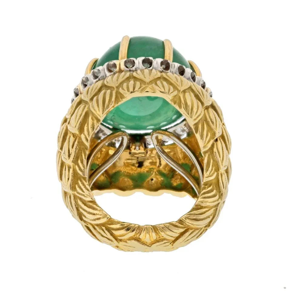 David Webb Platinum & 18K Yellow Gold Cabochon Green Emerald And Diamond Textured Ring — view 4 — Laura Milman New York