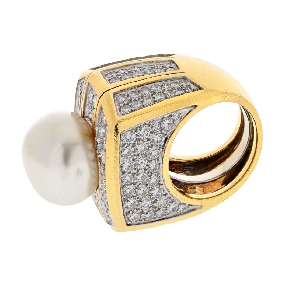 David Webb Platinum & 18K Yellow Gold Pearl And 9.00cttw Diamond Ring — view 5 — Laura Milman New York