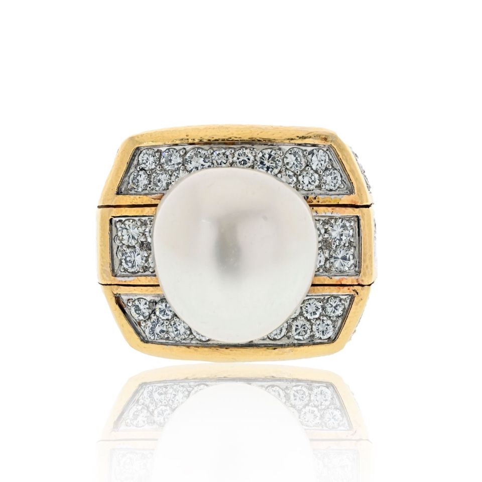 David Webb Platinum & 18K Yellow Gold Pearl And 9.00cttw Diamond Ring — Laura Milman New York