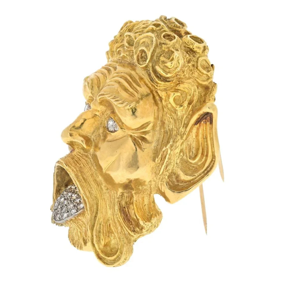 David Webb Platinum & 18K Yellow Gold Satyr Diamond Face Brooch — view 2 — Laura Milman New York