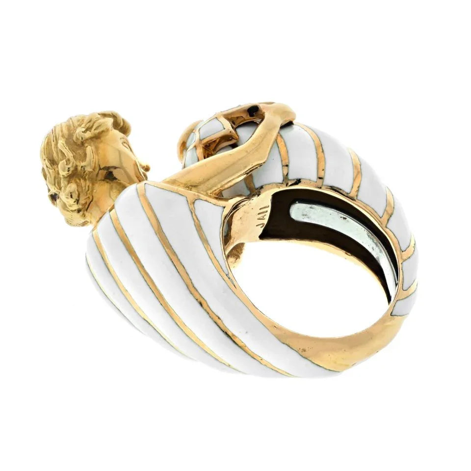 David Webb Platinum & 18K Yellow Gold Virgo Male Figure White Enamel Ring — view 3 — Laura Milman New York