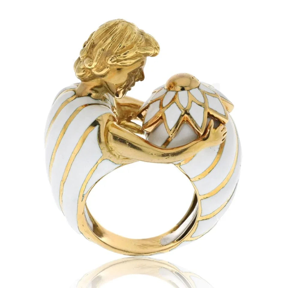 David Webb Platinum & 18K Yellow Gold Virgo Male Figure White Enamel Ring — view 4 — Laura Milman New York