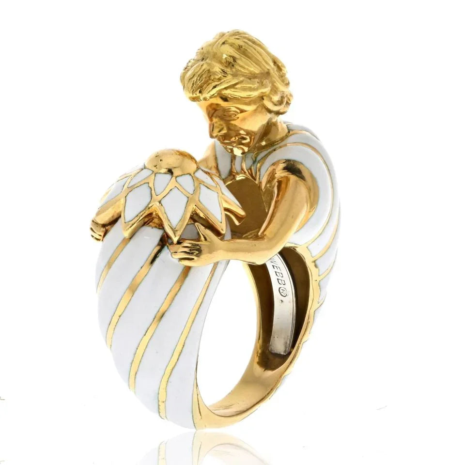 David Webb Platinum & 18K Yellow Gold Virgo Male Figure White Enamel Ring — Laura Milman New York