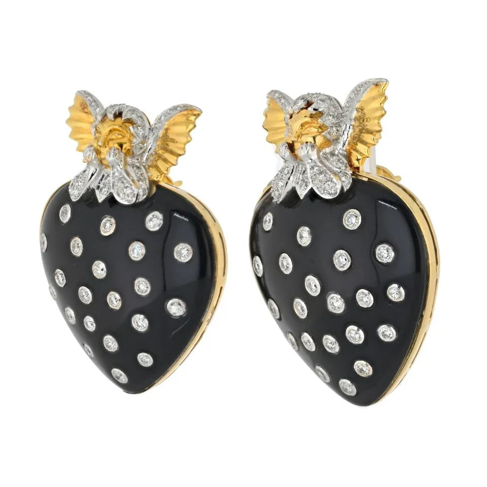 David Webb 18K Yellow Gold Cupid Black Enamel Diamond Studed Heart Clip Earrings — view 2 — Laura Milman New York