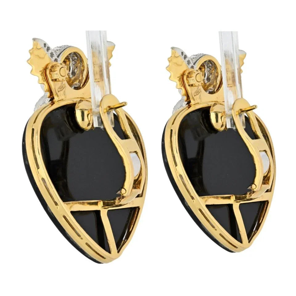 David Webb 18K Yellow Gold Cupid Black Enamel Diamond Studed Heart Clip Earrings — view 3 — Laura Milman New York