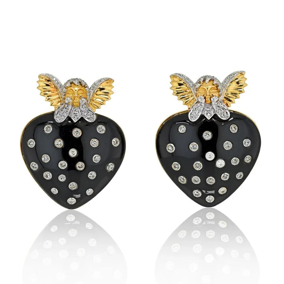 David Webb 18K Yellow Gold Cupid Black Enamel Diamond Studed Heart Clip Earrings — Laura Milman New York