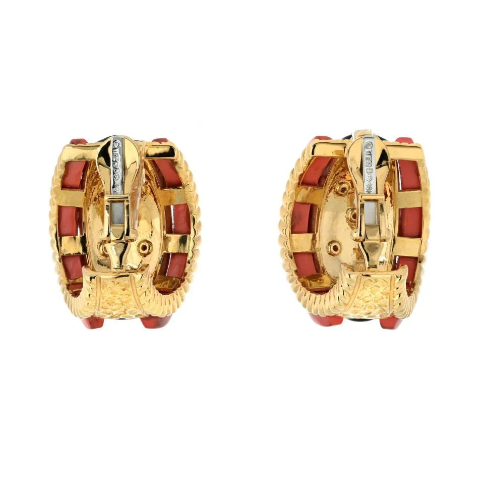 David Webb Platinum & 18K Yellow Gold Coral, Diamond And Black Enamel Earrings — view 4 — Laura Milman New York